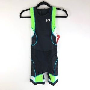 TYR Womens Competitor Trisuit with Back Zipper Triathalon Padded Black Green S